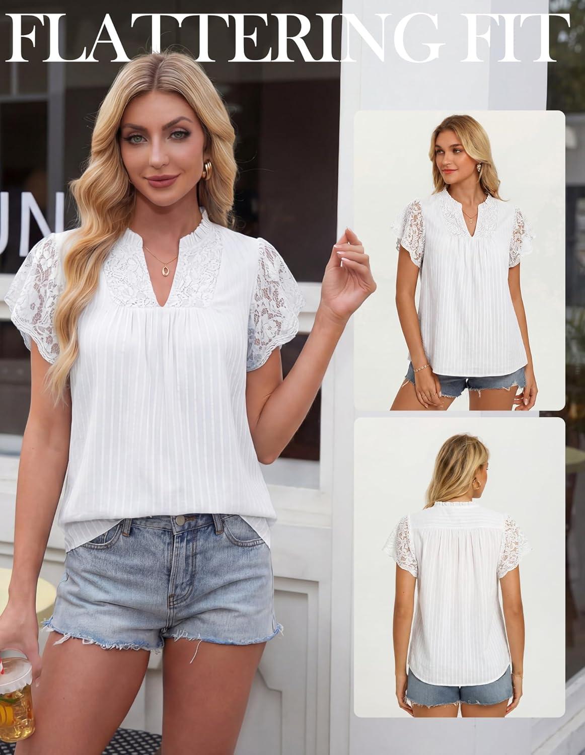 imageGRACE KARIN Womens Lace Short Sleeve Tops Summer Dressy Casual Cotton Blouses Flowy V Neck Dress Shirts Trendy Clothing 2026White