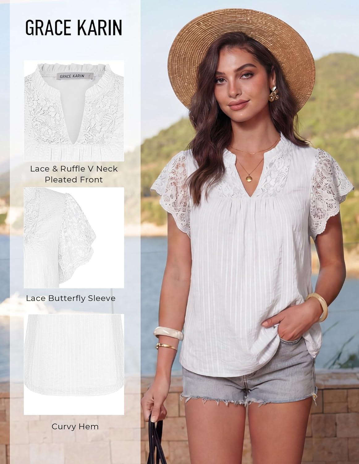 imageGRACE KARIN Womens Lace Short Sleeve Tops Summer Dressy Casual Cotton Blouses Flowy V Neck Dress Shirts Trendy Clothing 2026White
