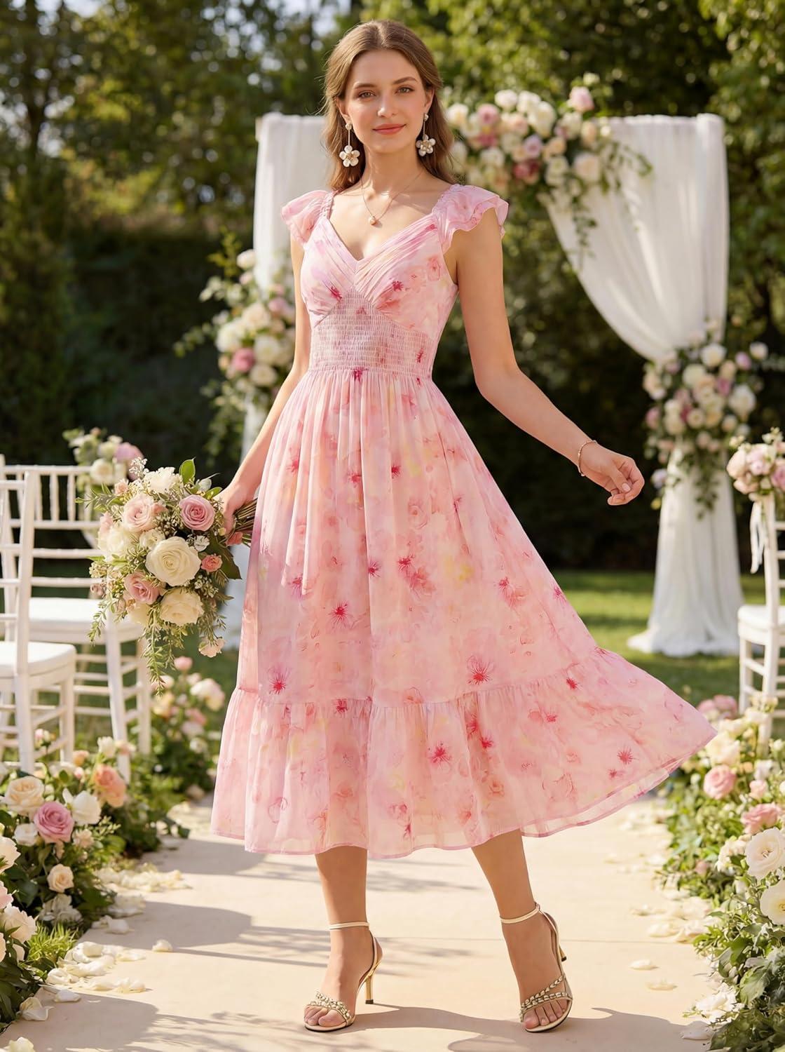 imageGRACE KARIN Womens Summer Floral Maxi Dress 2026 Ruffle Sleeve Smocked Sundress Flowy Wedding Guest Long Dresses with PocketOrange Floral