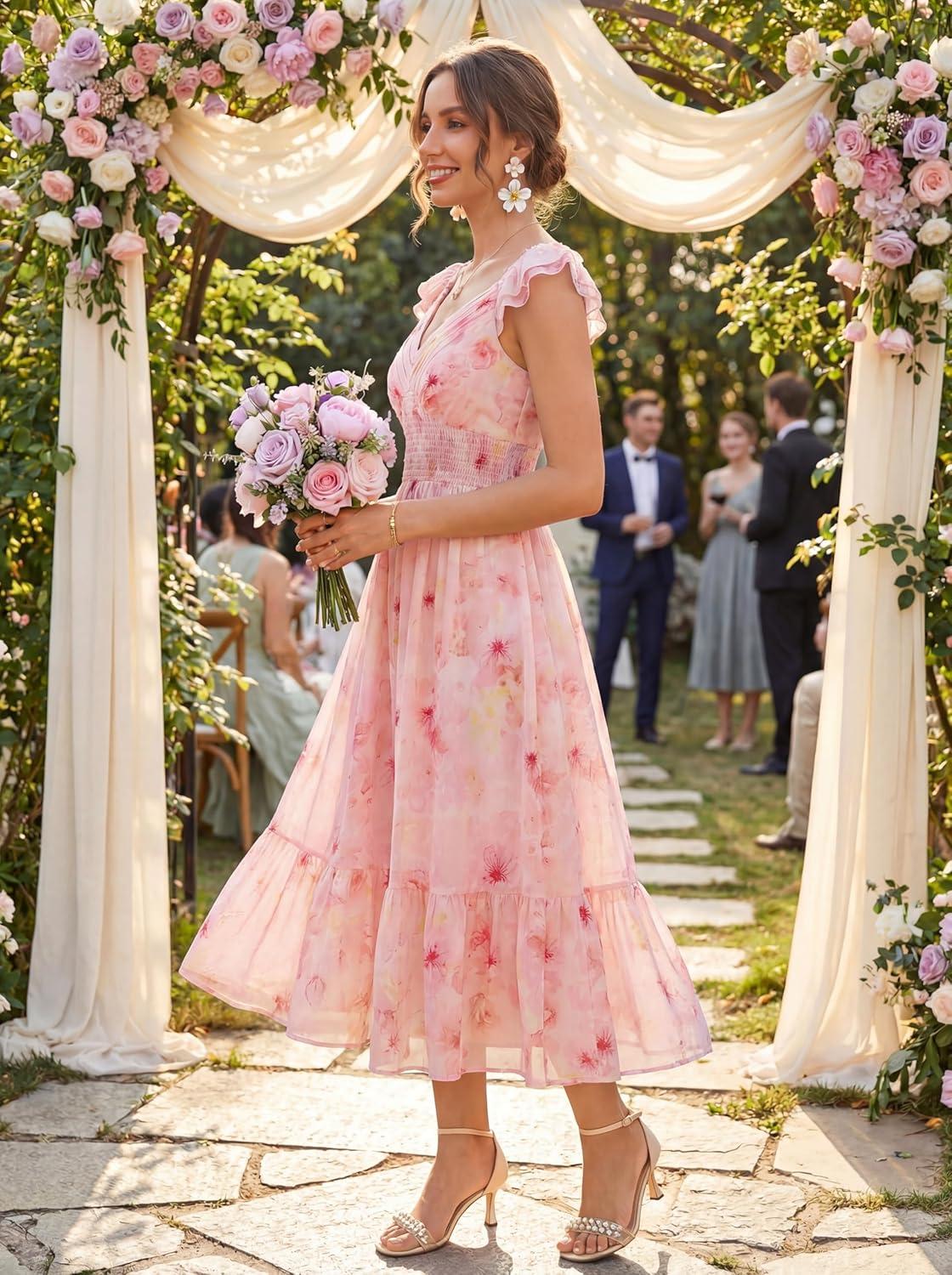 imageGRACE KARIN Womens Summer Floral Maxi Dress 2026 Ruffle Sleeve Smocked Sundress Flowy Wedding Guest Long Dresses with PocketOrange Floral