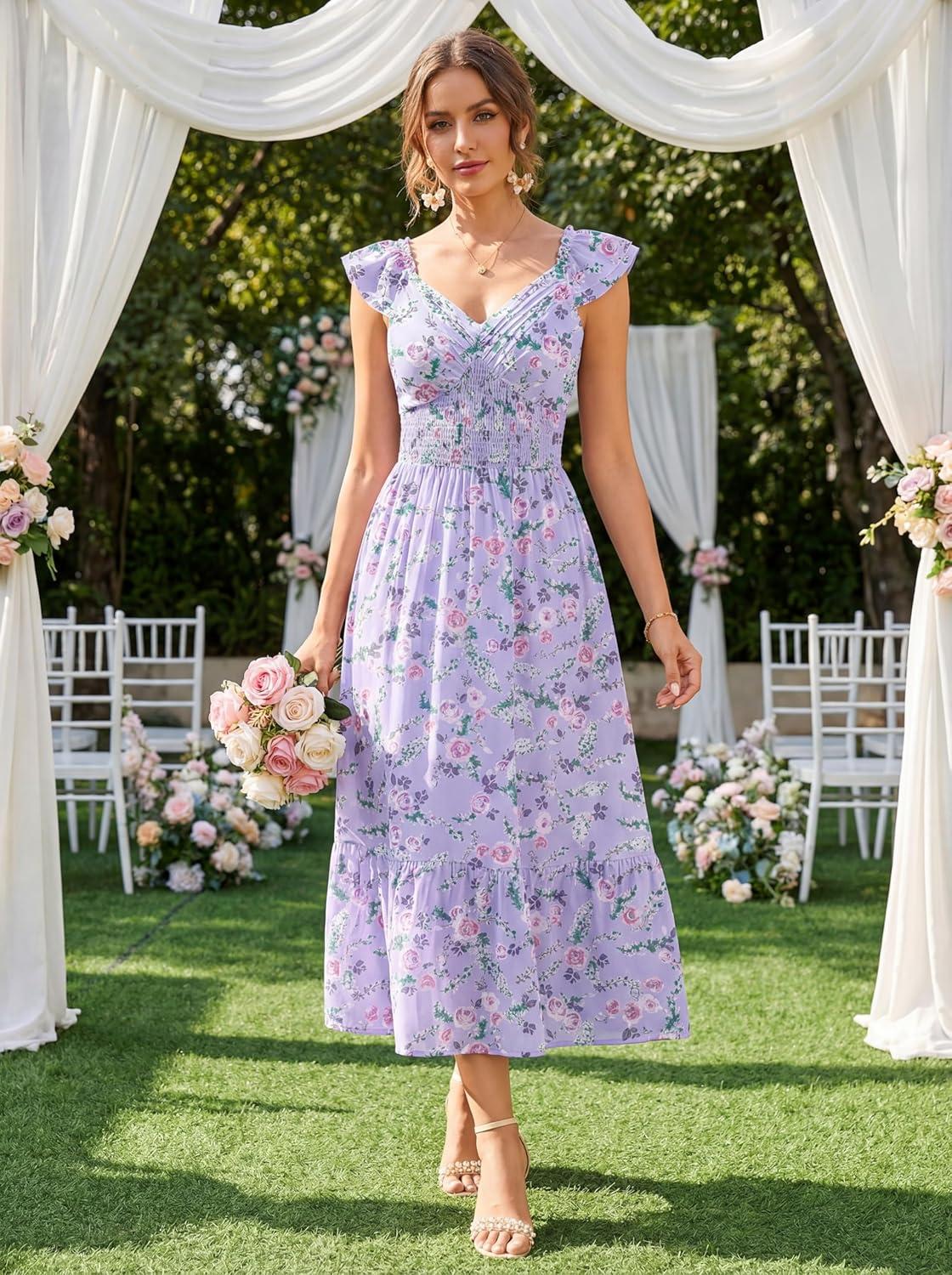 imageGRACE KARIN Womens Summer Floral Maxi Dress 2026 Ruffle Sleeve Smocked Sundress Flowy Wedding Guest Long Dresses with PocketPurple Floral