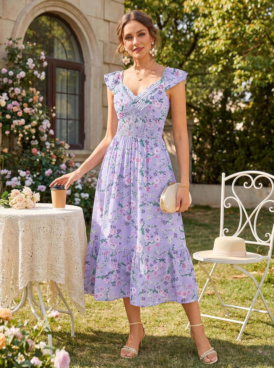 imageGRACE KARIN Womens Summer Floral Maxi Dress 2026 Ruffle Sleeve Smocked Sundress Flowy Wedding Guest Long Dresses with PocketPurple Floral