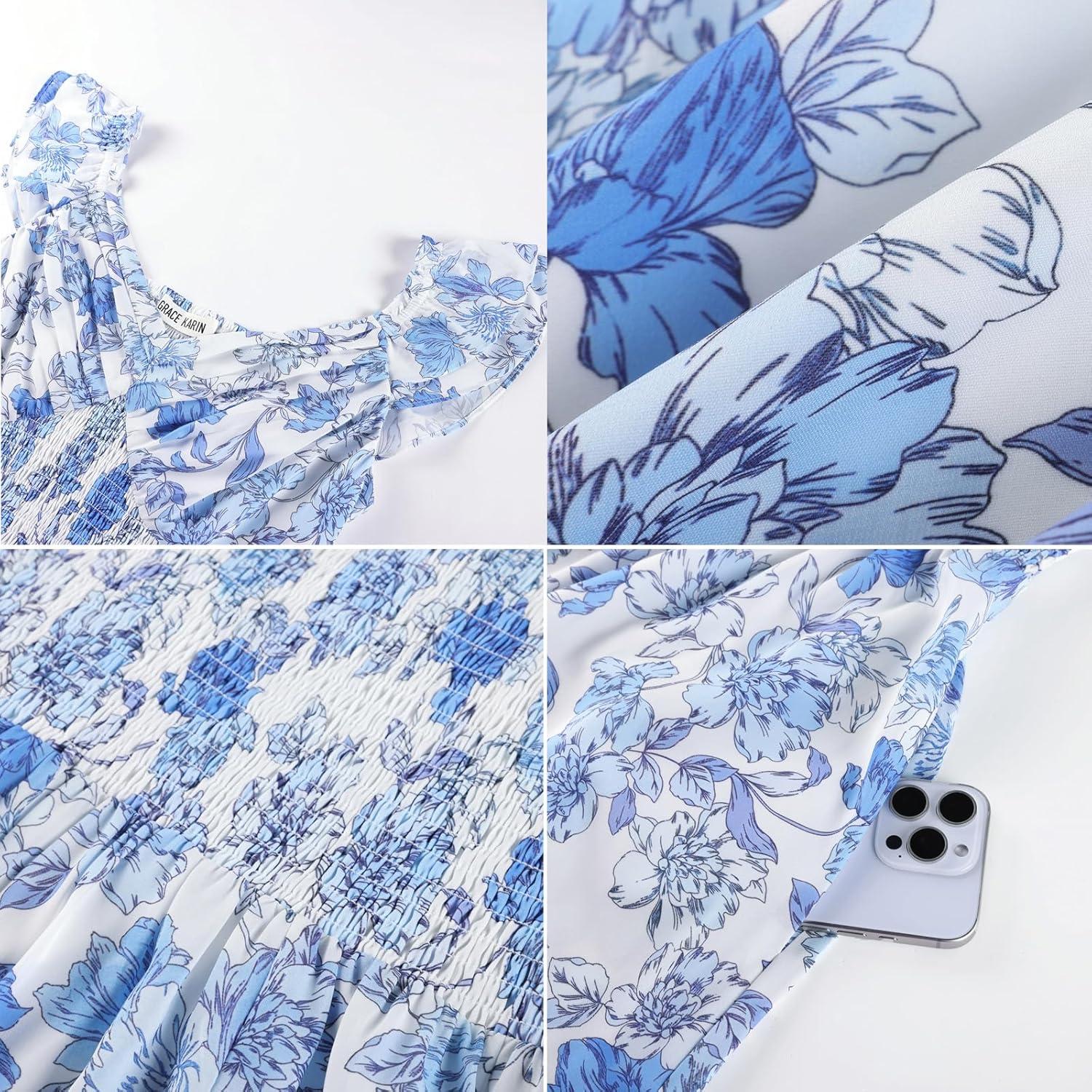 imageGRACE KARIN Womens Summer Floral Maxi Dress 2026 Ruffle Sleeve Smocked Sundress Flowy Wedding Guest Long Dresses with PocketWhite Blue