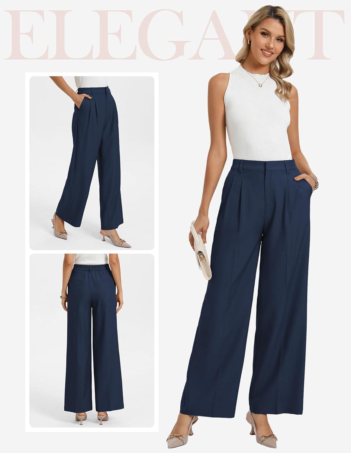 imageGRACE KARIN Womens Wide Leg Work Pants Wrinkle Free High Waisted Trousers with Pockets Business Casual Office SlacksNavy Blue