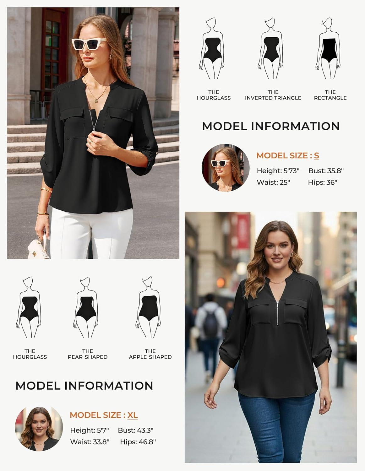imageWomens Business Casual Tops34 Sleeve Henley Shirts with Zip UpOffice Work Blouses Lightweight SummerBlack