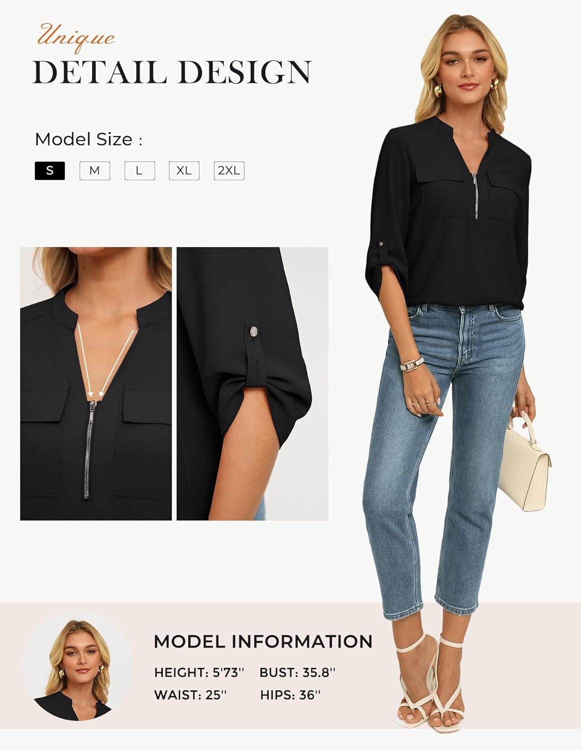 imageWomens Business Casual Tops34 Sleeve Henley Shirts with Zip UpOffice Work Blouses Lightweight SummerBlack