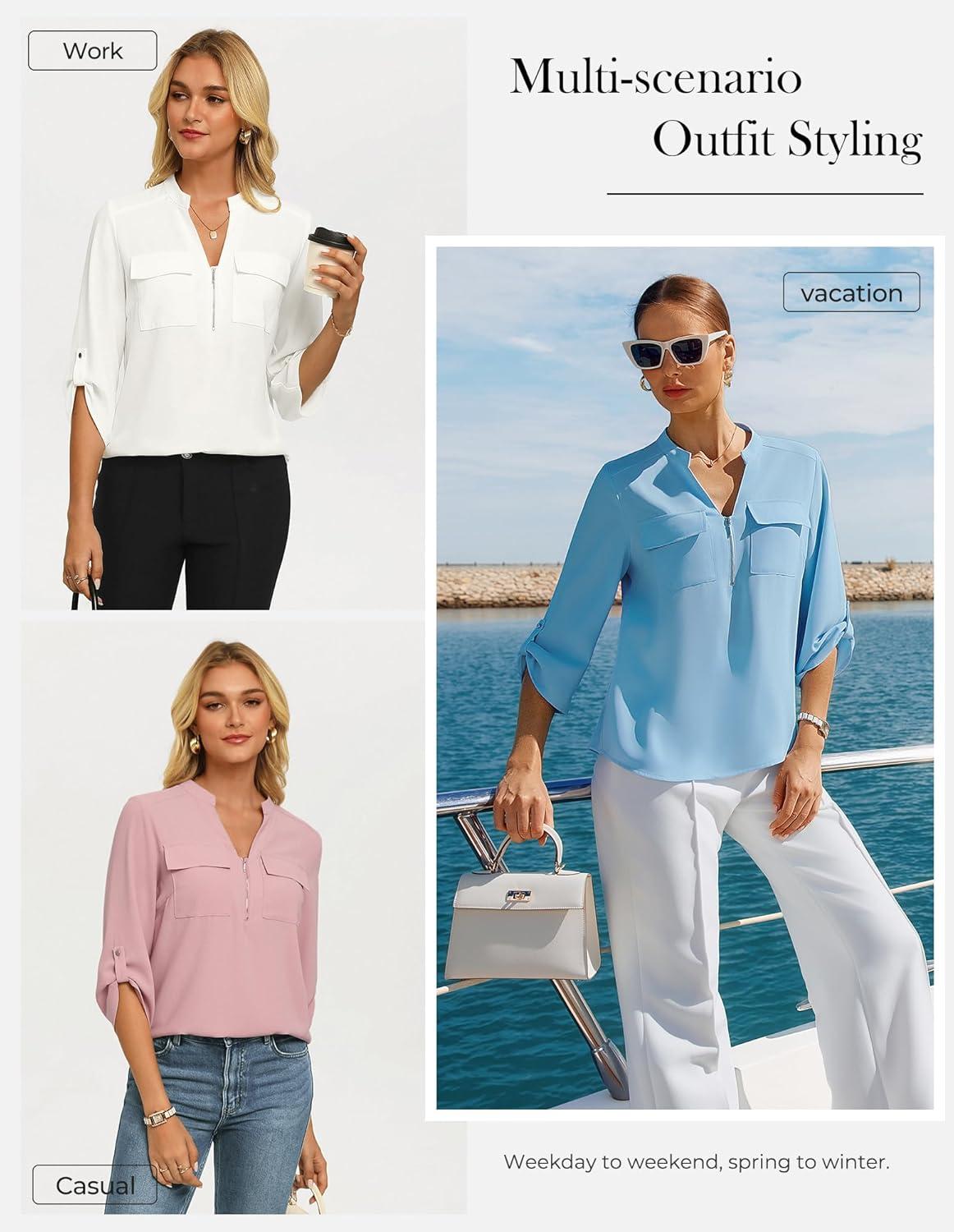 imageWomens Business Casual Tops34 Sleeve Henley Shirts with Zip UpOffice Work Blouses Lightweight SummerBlack