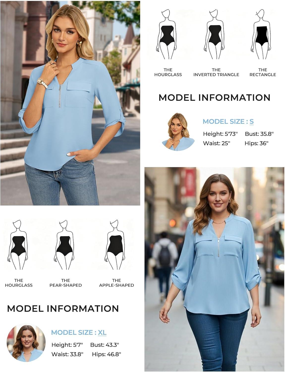 imageWomens Business Casual Tops34 Sleeve Henley Shirts with Zip UpOffice Work Blouses Lightweight SummerBlue