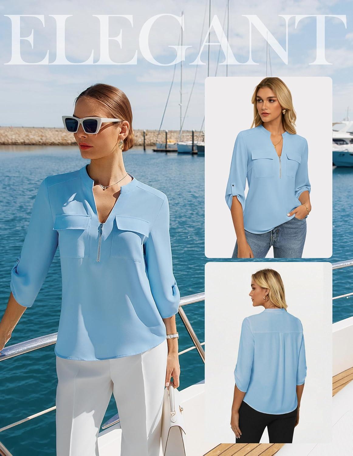 imageWomens Business Casual Tops34 Sleeve Henley Shirts with Zip UpOffice Work Blouses Lightweight SummerBlue