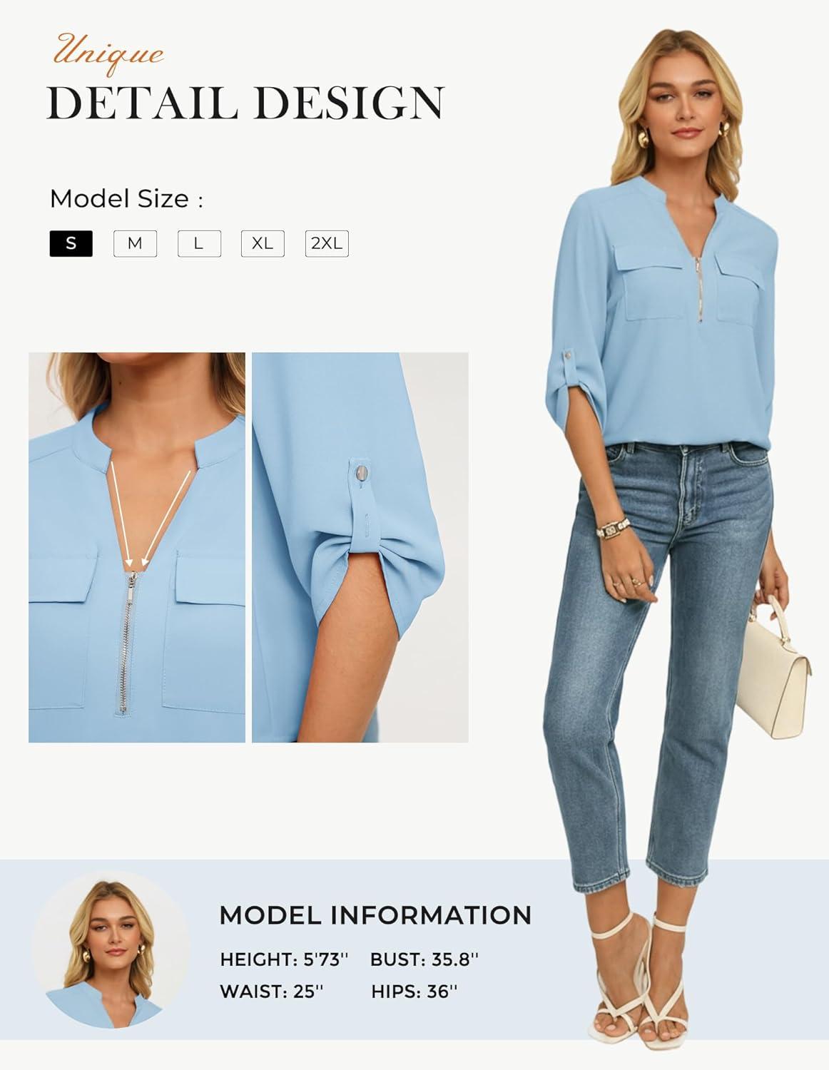 imageWomens Business Casual Tops34 Sleeve Henley Shirts with Zip UpOffice Work Blouses Lightweight SummerBlue