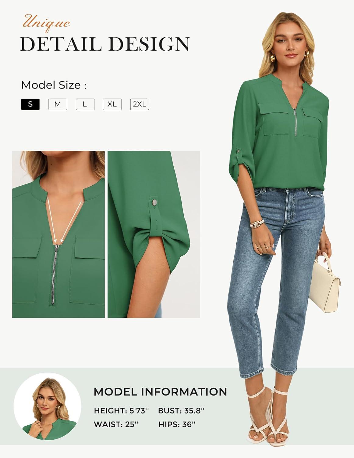 imageWomens Business Casual Tops34 Sleeve Henley Shirts with Zip UpOffice Work Blouses Lightweight SummerGreen