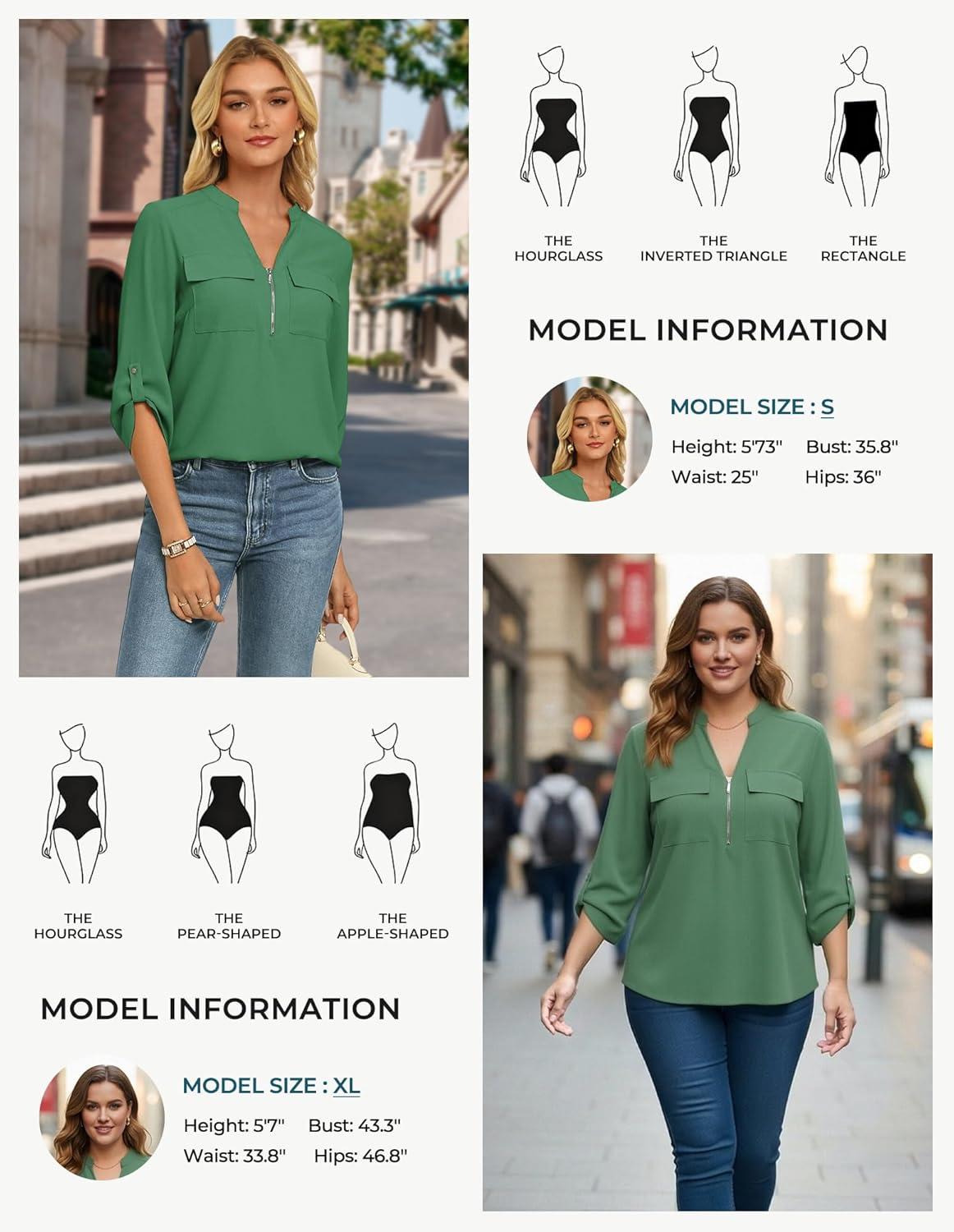 imageWomens Business Casual Tops34 Sleeve Henley Shirts with Zip UpOffice Work Blouses Lightweight SummerGreen