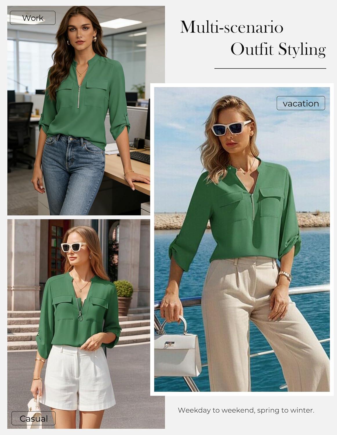 imageWomens Business Casual Tops34 Sleeve Henley Shirts with Zip UpOffice Work Blouses Lightweight SummerGreen