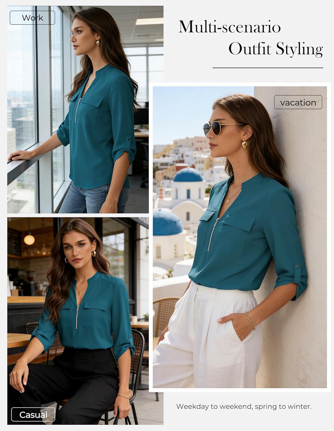 imageWomens Business Casual Tops34 Sleeve Henley Shirts with Zip UpOffice Work Blouses Lightweight SummerPeacock Blue