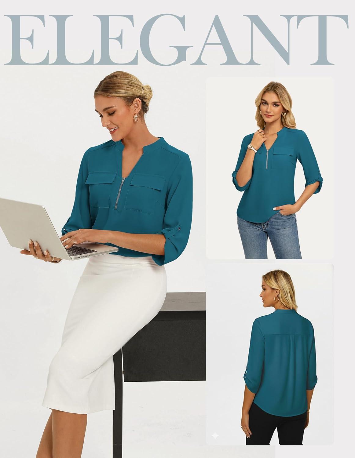 imageWomens Business Casual Tops34 Sleeve Henley Shirts with Zip UpOffice Work Blouses Lightweight SummerPeacock Blue