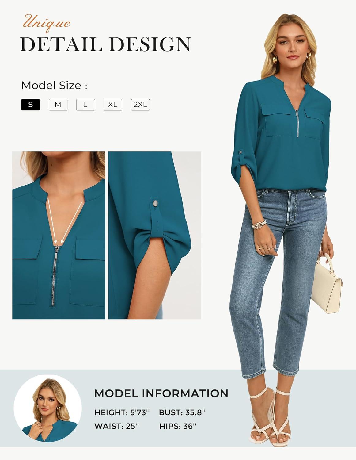 imageWomens Business Casual Tops34 Sleeve Henley Shirts with Zip UpOffice Work Blouses Lightweight SummerPeacock Blue