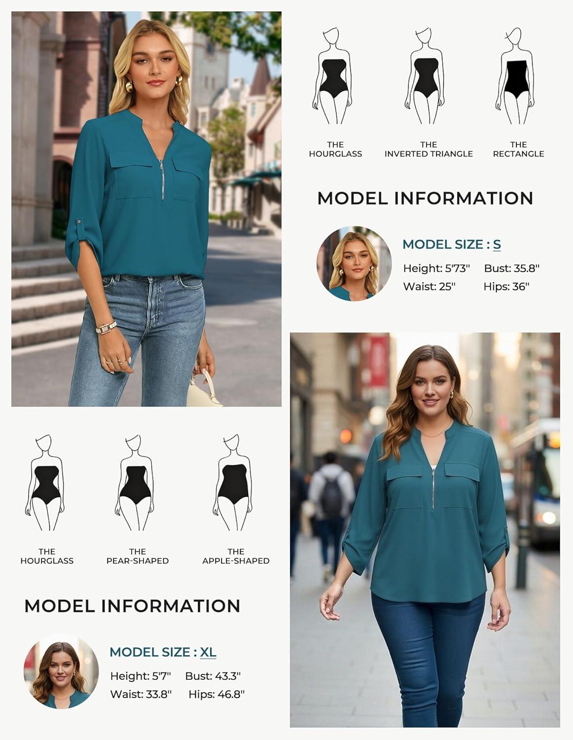 imageWomens Business Casual Tops34 Sleeve Henley Shirts with Zip UpOffice Work Blouses Lightweight SummerPeacock Blue