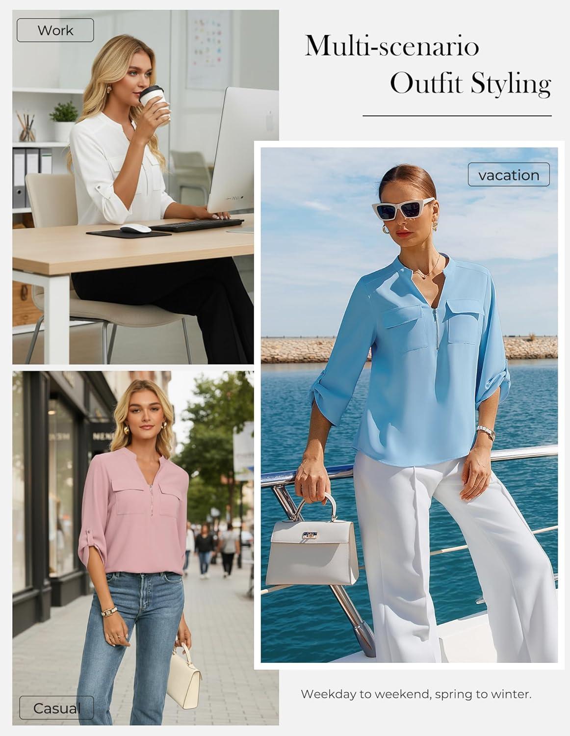 imageWomens Business Casual Tops34 Sleeve Henley Shirts with Zip UpOffice Work Blouses Lightweight SummerPink