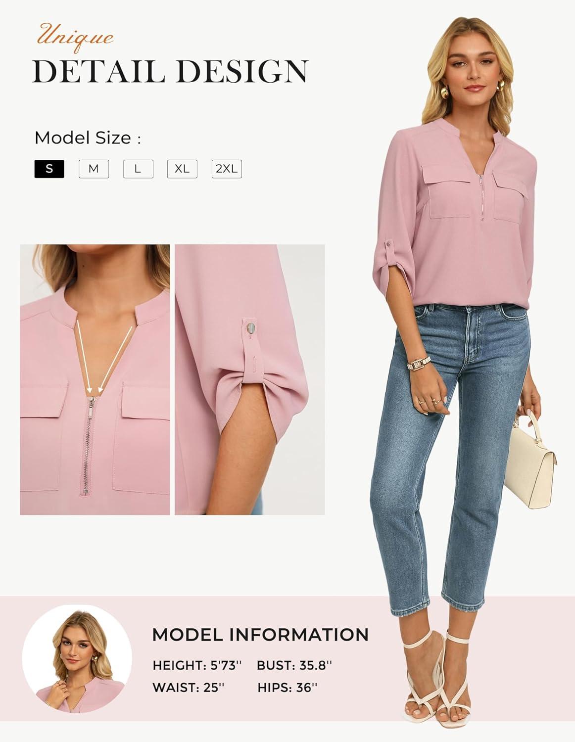 imageWomens Business Casual Tops34 Sleeve Henley Shirts with Zip UpOffice Work Blouses Lightweight SummerPink