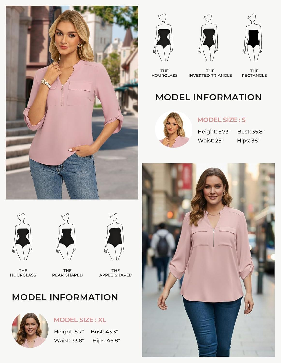 imageWomens Business Casual Tops34 Sleeve Henley Shirts with Zip UpOffice Work Blouses Lightweight SummerPink