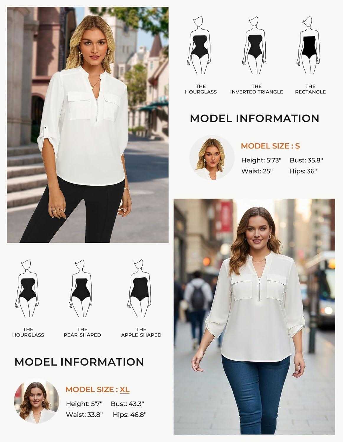 imageWomens Business Casual Tops34 Sleeve Henley Shirts with Zip UpOffice Work Blouses Lightweight SummerWhite
