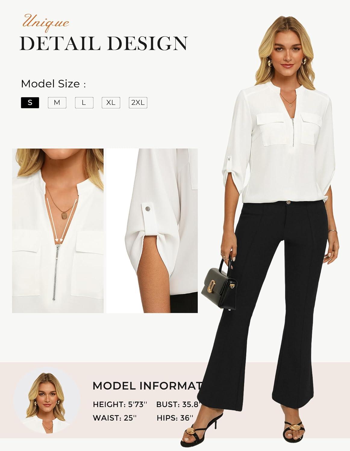 imageWomens Business Casual Tops34 Sleeve Henley Shirts with Zip UpOffice Work Blouses Lightweight SummerWhite