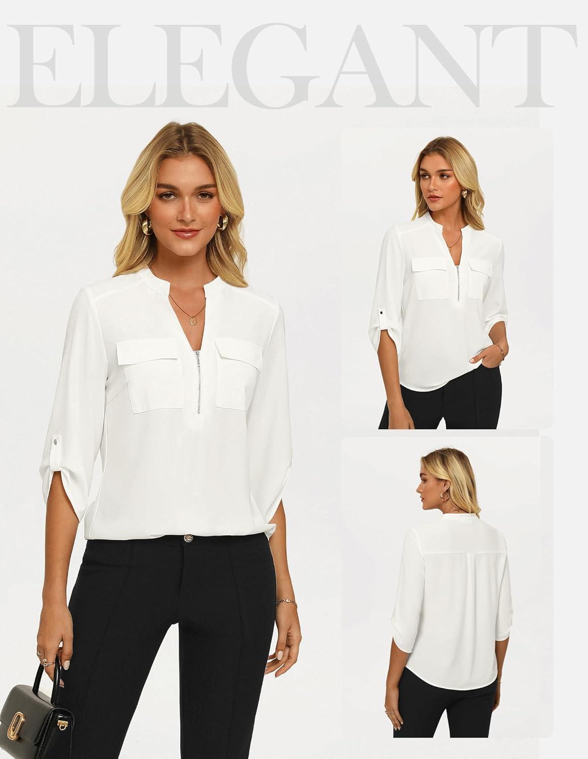 imageWomens Business Casual Tops34 Sleeve Henley Shirts with Zip UpOffice Work Blouses Lightweight SummerWhite
