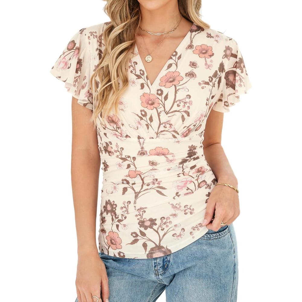 imageGRACE KARIN 2026 Womens Mesh Tops Summer Ruffle Sleeve Dressy Casual Top Floral Wrap Blouse Fashion OutfitsBeige