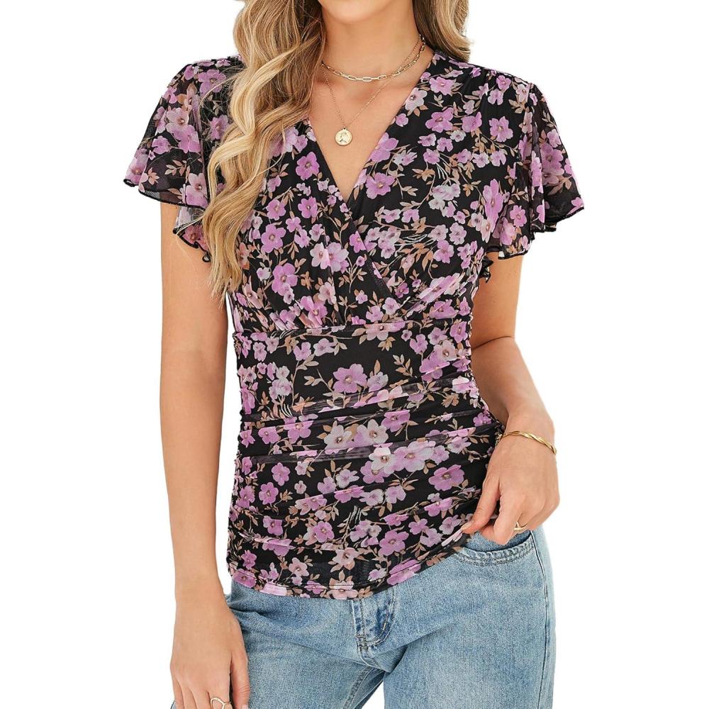 imageGRACE KARIN 2026 Womens Mesh Tops Summer Ruffle Sleeve Dressy Casual Top Floral Wrap Blouse Fashion OutfitsBlack Purple