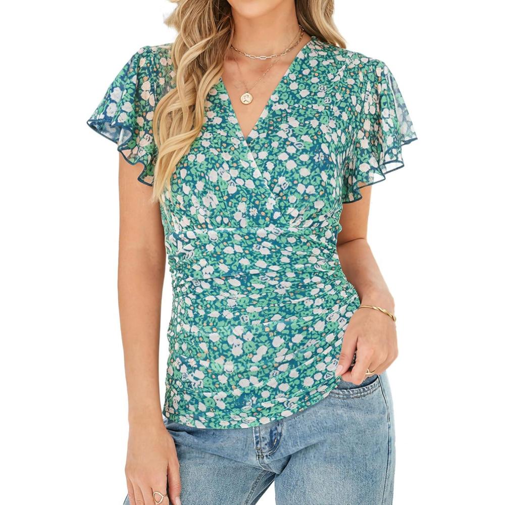 imageGRACE KARIN 2026 Womens Mesh Tops Summer Ruffle Sleeve Dressy Casual Top Floral Wrap Blouse Fashion OutfitsGreen White