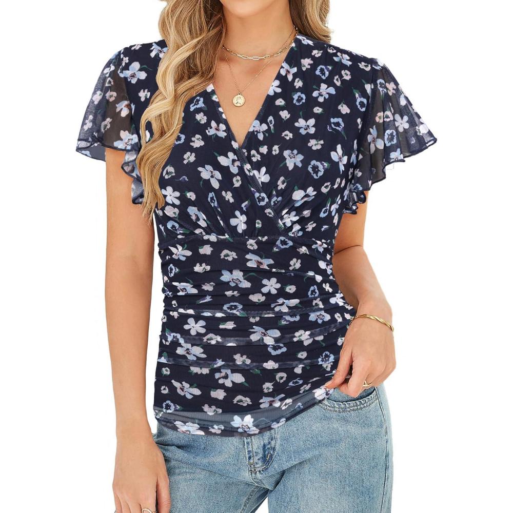 imageGRACE KARIN 2026 Womens Mesh Tops Summer Ruffle Sleeve Dressy Casual Top Floral Wrap Blouse Fashion OutfitsNavy Floral