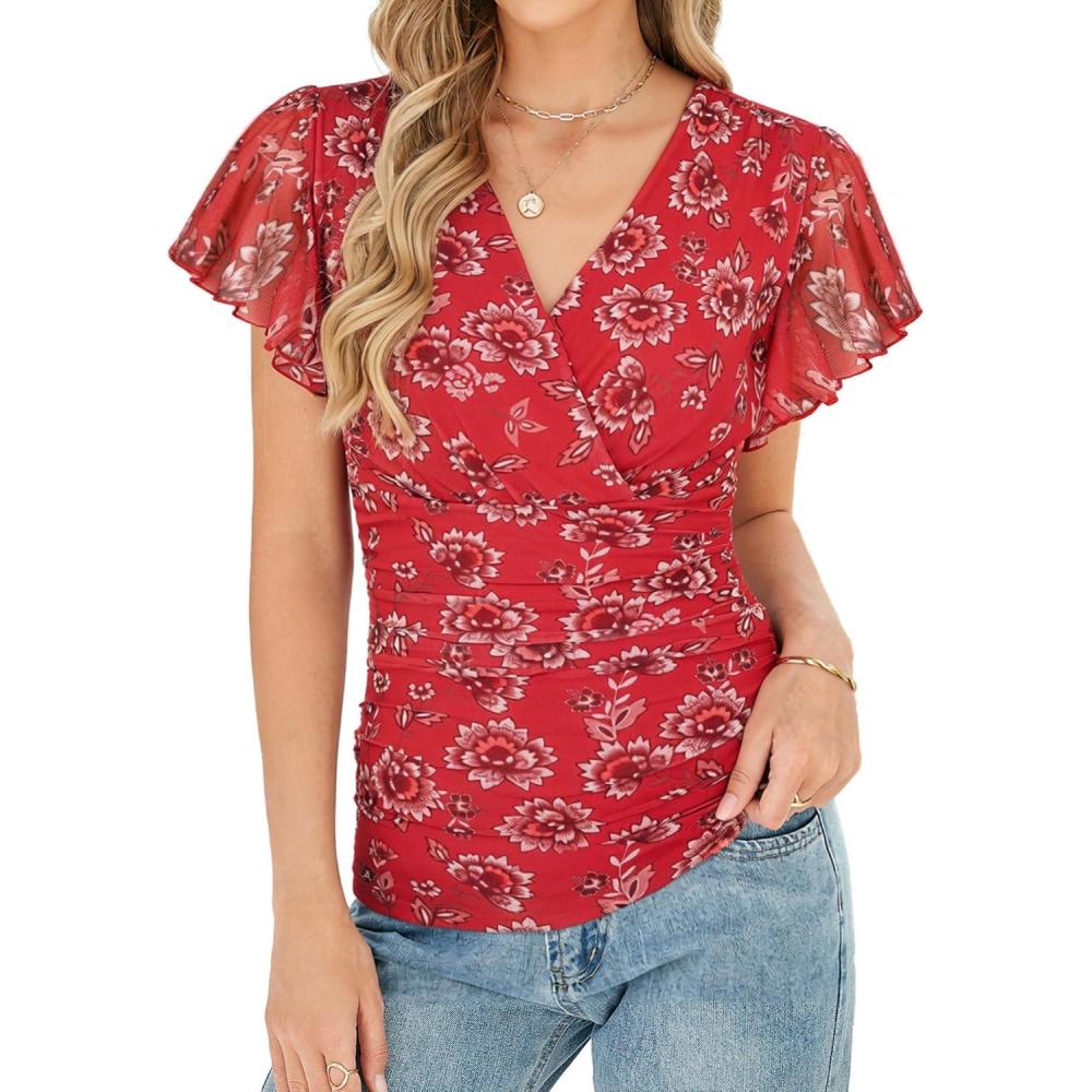 imageGRACE KARIN 2026 Womens Mesh Tops Summer Ruffle Sleeve Dressy Casual Top Floral Wrap Blouse Fashion OutfitsRed