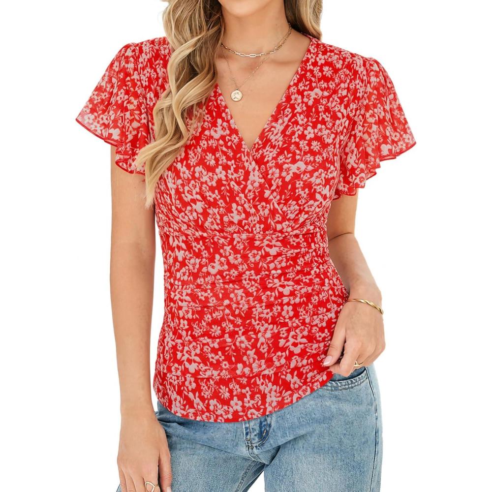imageGRACE KARIN 2026 Womens Mesh Tops Summer Ruffle Sleeve Dressy Casual Top Floral Wrap Blouse Fashion OutfitsRed White