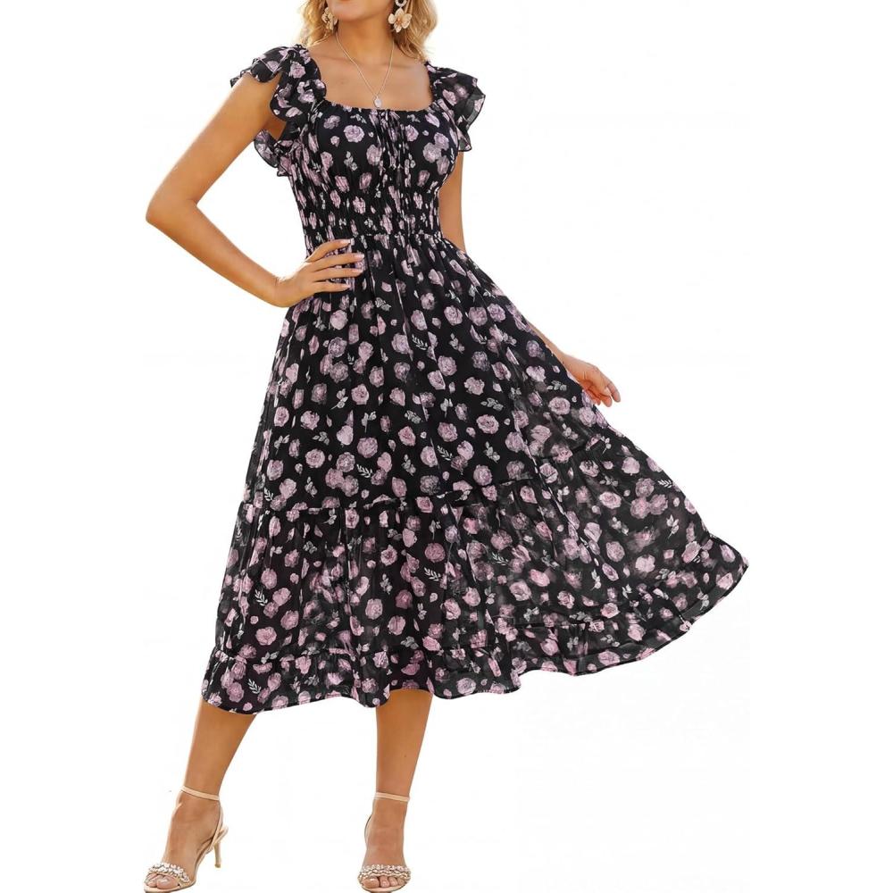 imageGRACE KARIN 2026 Womens Spring Floral Midi Dress Square Neck Beach Wedding Guest Dresses Flowy A Line Casual Summer ClothesBlack