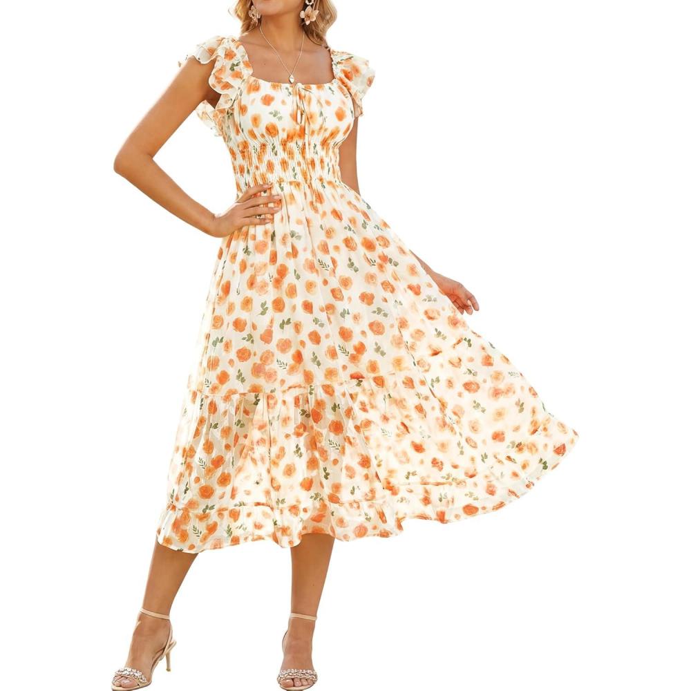 imageGRACE KARIN 2026 Womens Spring Floral Midi Dress Square Neck Beach Wedding Guest Dresses Flowy A Line Casual Summer ClothesOrange Floral