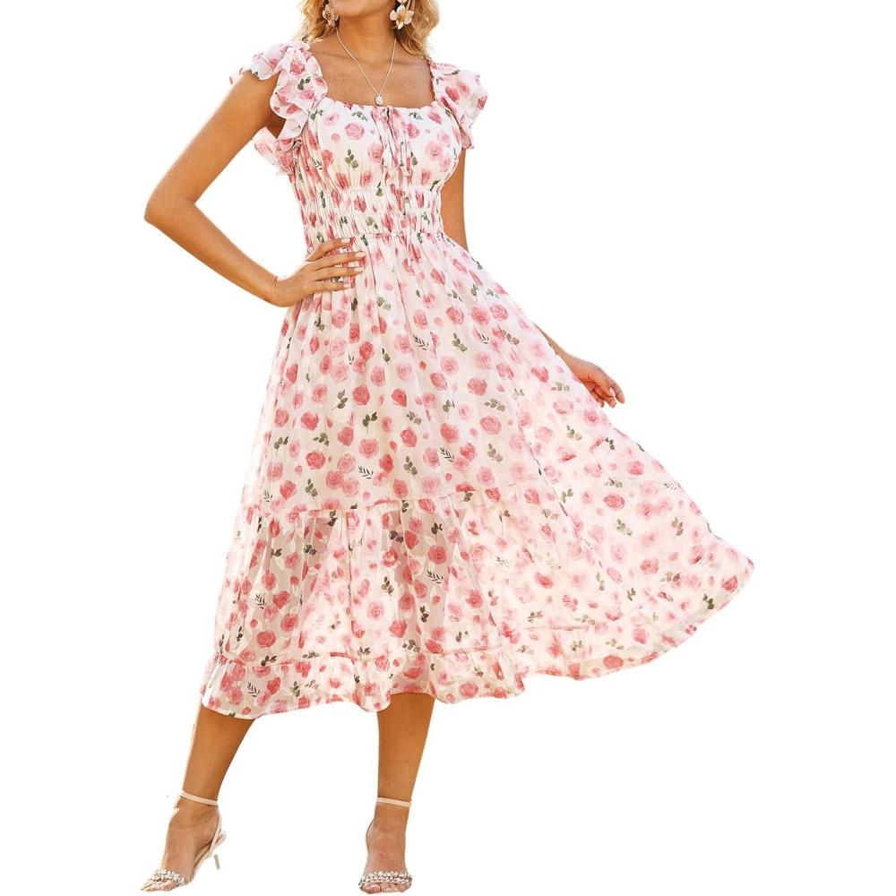imageGRACE KARIN 2026 Womens Spring Floral Midi Dress Square Neck Beach Wedding Guest Dresses Flowy A Line Casual Summer ClothesPink Floral