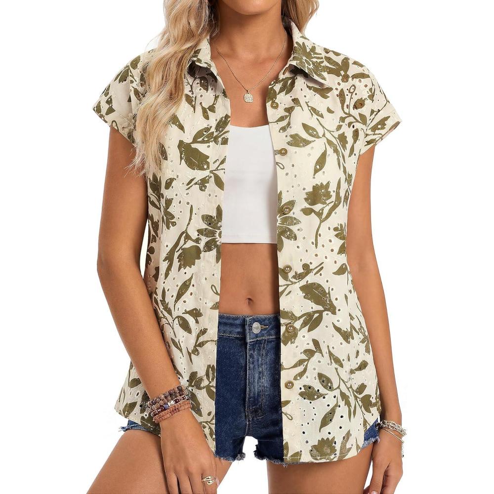 imageGRACE KARIN Floral Eyelet Spring Summer Tops for Women2026 V Neck Dressy Casual ShirtsBoho Button Down Short Sleeve BlousesArmy Green