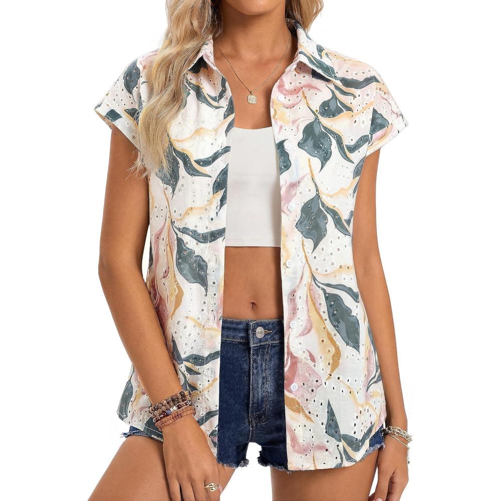 imageGRACE KARIN Floral Eyelet Spring Summer Tops for Women2026 V Neck Dressy Casual ShirtsBoho Button Down Short Sleeve BlousesDark Green