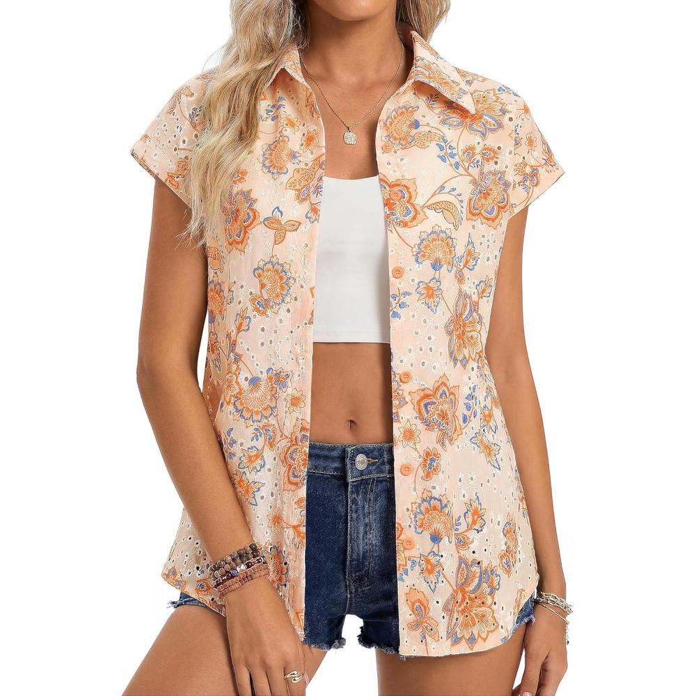 imageGRACE KARIN Floral Eyelet Spring Summer Tops for Women2026 V Neck Dressy Casual ShirtsBoho Button Down Short Sleeve BlousesOrange