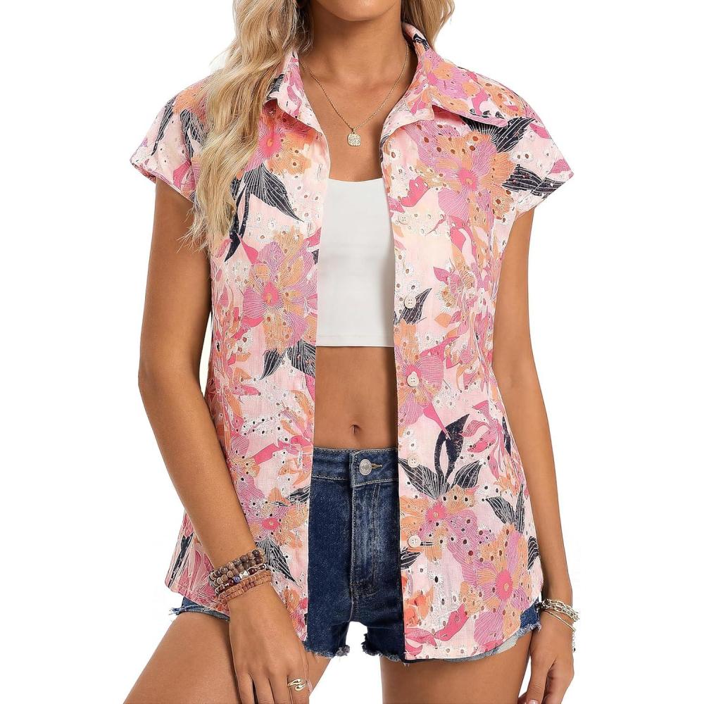 imageGRACE KARIN Floral Eyelet Spring Summer Tops for Women2026 V Neck Dressy Casual ShirtsBoho Button Down Short Sleeve BlousesPink