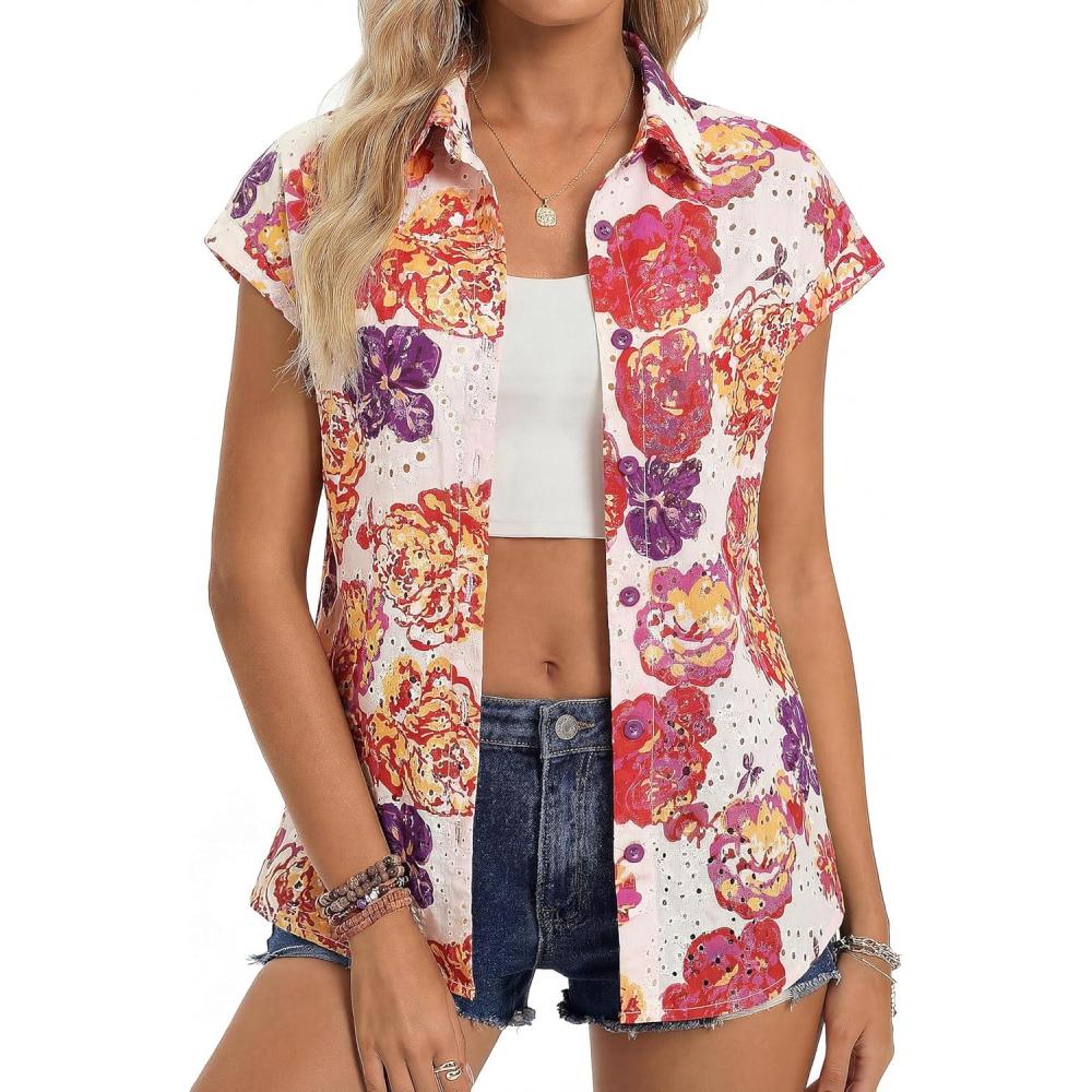 imageGRACE KARIN Floral Eyelet Spring Summer Tops for Women2026 V Neck Dressy Casual ShirtsBoho Button Down Short Sleeve BlousesRed