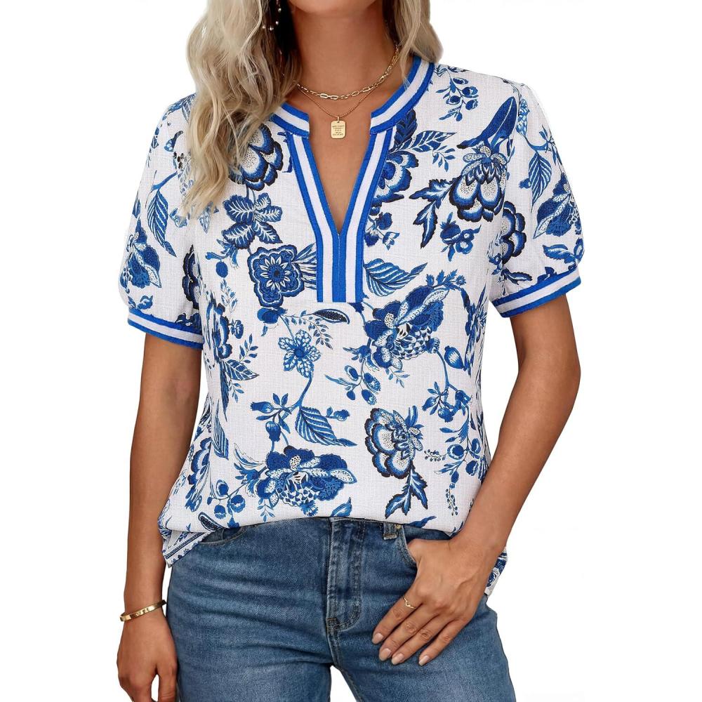 imageGRACE KARIN Women Boho Floral Tops 2026 Summer V Neck Puff Short Sleeve Dressy Casual ShirtsBlue and White Porcelain
