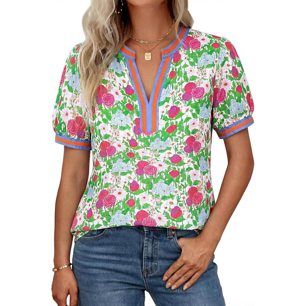 imageGRACE KARIN Women Boho Floral Tops 2026 Summer V Neck Puff Short Sleeve Dressy Casual ShirtsDaisy