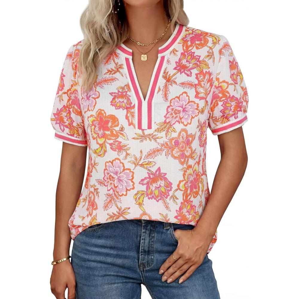 imageGRACE KARIN Women Boho Floral Tops 2026 Summer V Neck Puff Short Sleeve Dressy Casual ShirtsPink Flower