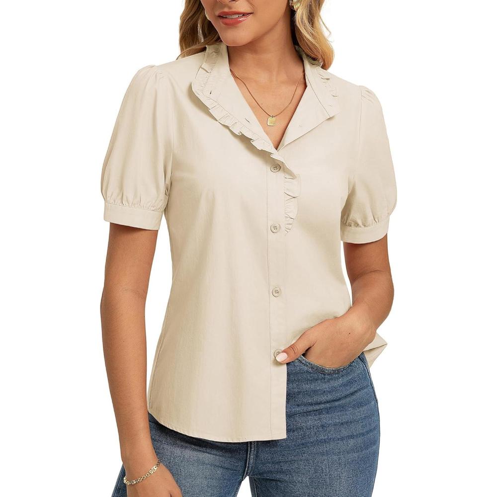 imageGRACE KARIN Womens 2026 Summer Short Sleeve Tops Dressy Casual V Neck Blouses Trendy Button Down Shirts Work OfficeApricot