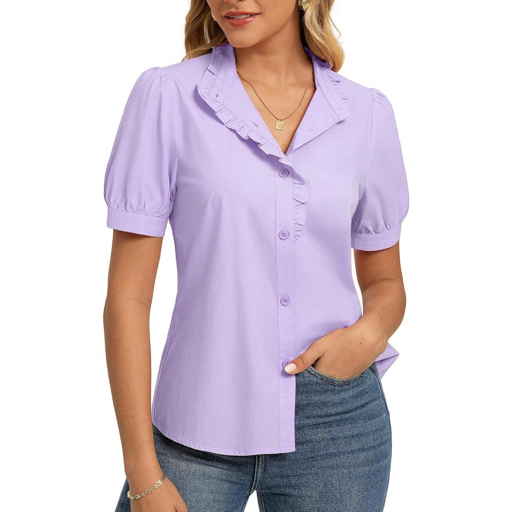 imageGRACE KARIN Womens 2026 Summer Short Sleeve Tops Dressy Casual V Neck Blouses Trendy Button Down Shirts Work OfficeLight Purple