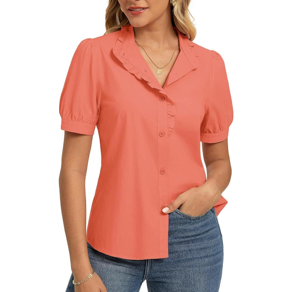 imageGRACE KARIN Womens 2026 Summer Short Sleeve Tops Dressy Casual V Neck Blouses Trendy Button Down Shirts Work OfficeOrange Pink