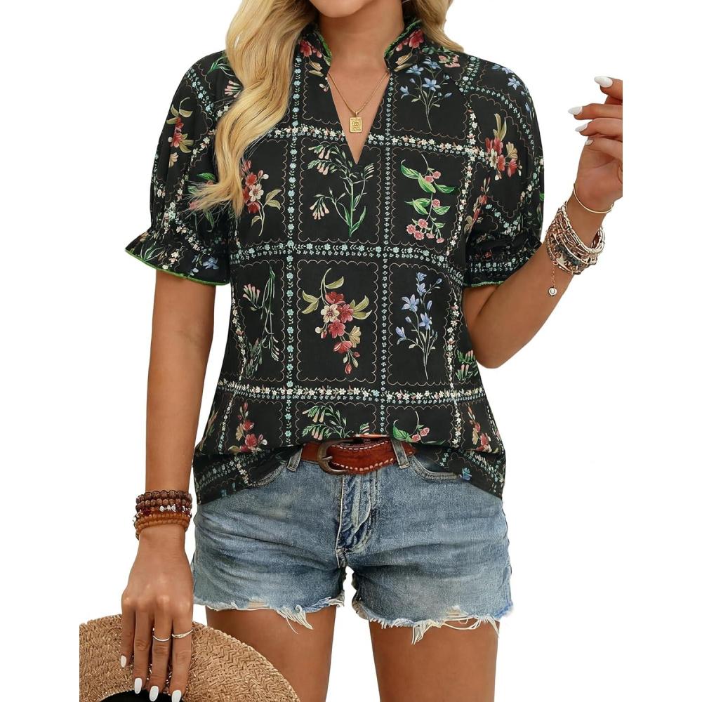 imageGRACE KARIN Womens Boho Summer TopsV Neck Short Sleeve Blouses CasualFloral Print Cotton Shirts Beach Vacation Clothes 2026Black Plaid Floral