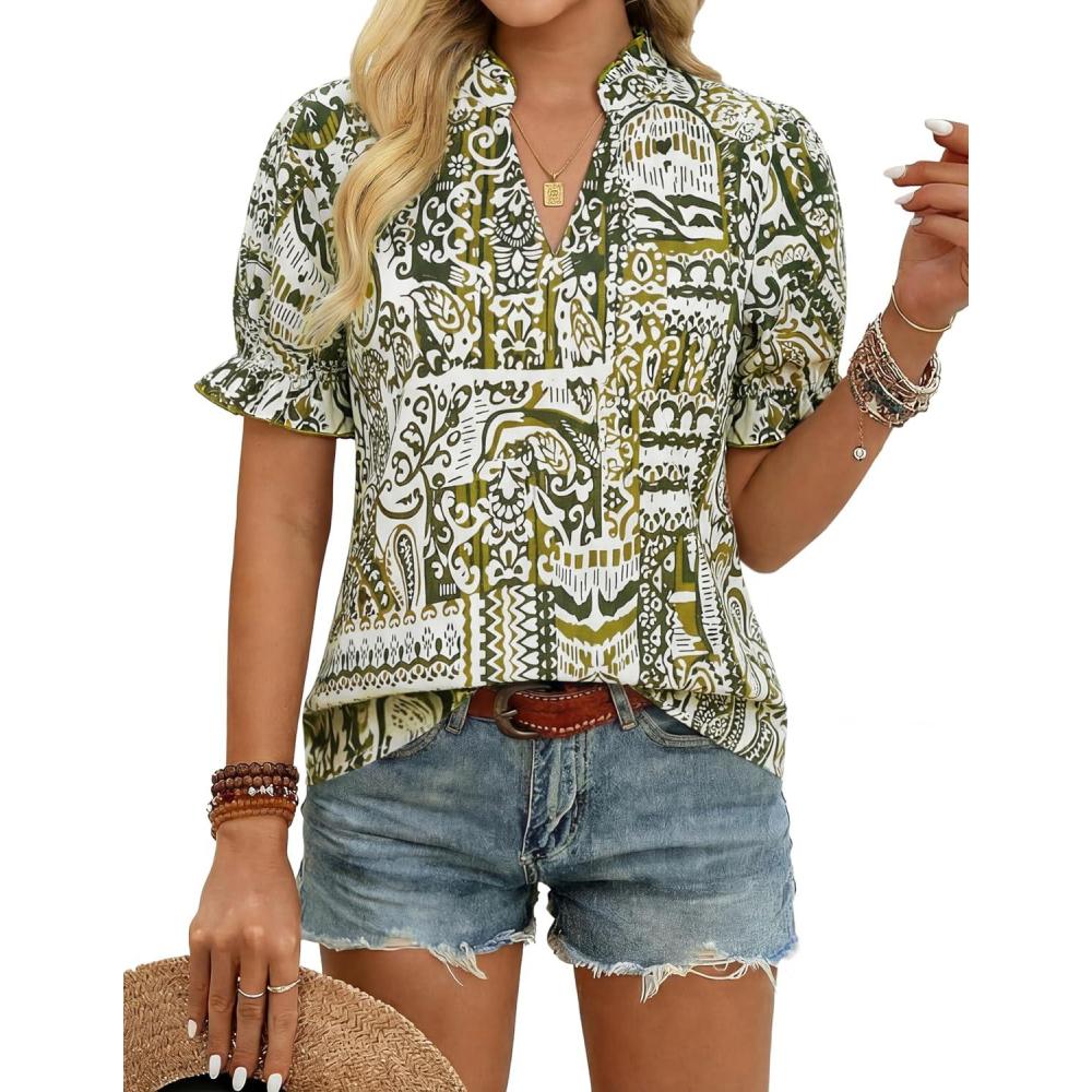 imageGRACE KARIN Womens Boho Summer TopsV Neck Short Sleeve Blouses CasualFloral Print Cotton Shirts Beach Vacation Clothes 2026Green White Folk Floral