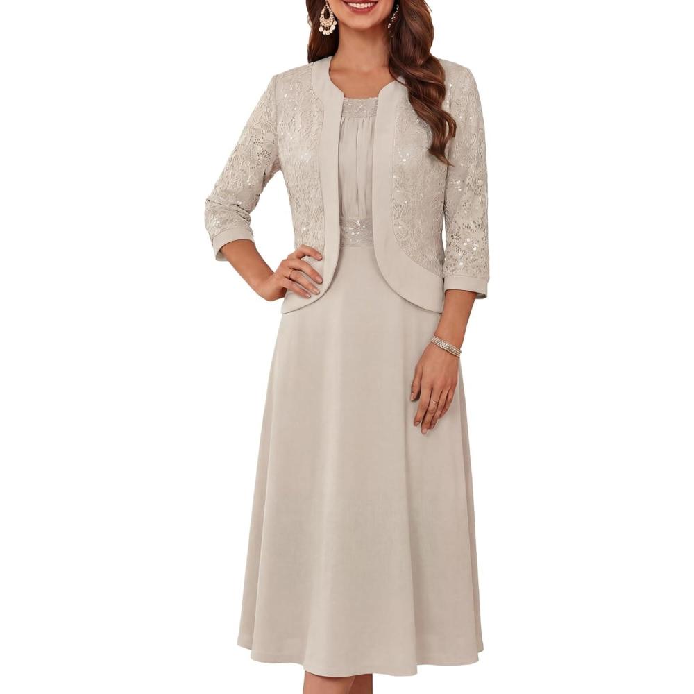 imageGRACE KARIN Womens Formal Wedding Guest Dress2 Piece Mother of The Bride DressesTea Party Sequin Dress with JacketApricot